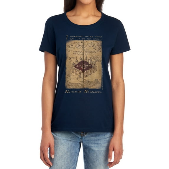Harry Potter Marauders Map Words Women's T Shirt, Navy, Medium