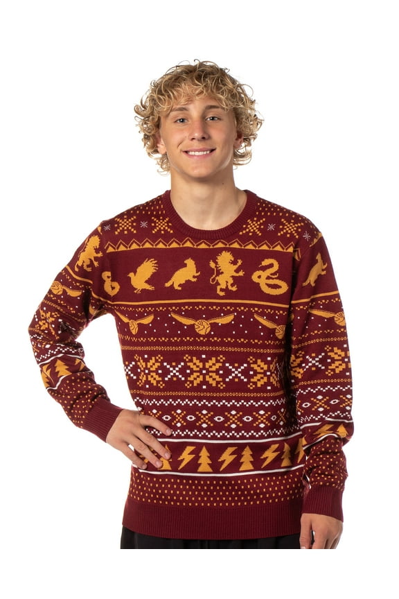 Harry Potter Men's Hogwarts House Quidditch Golden Snitch Ugly Sweater Long Sleeve Knit Pullover Christmas Sweater