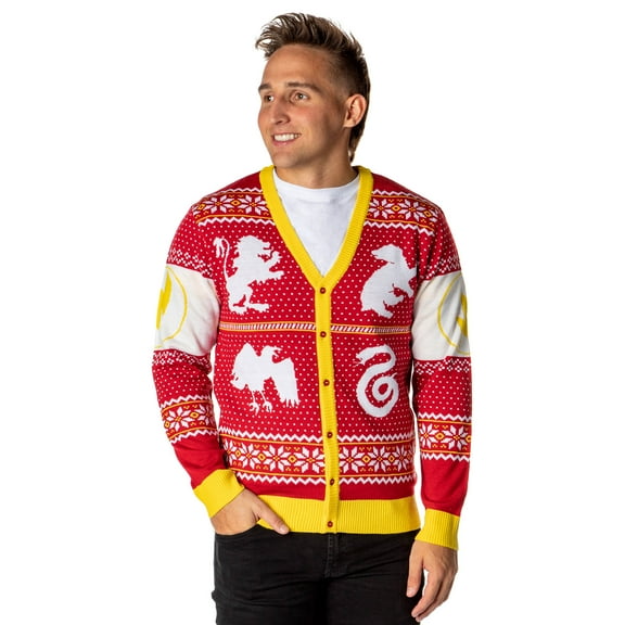 Harry Potter Men's Hogwarts Houses Ugly Christmas Sweater Knit Button-Up Cardigan