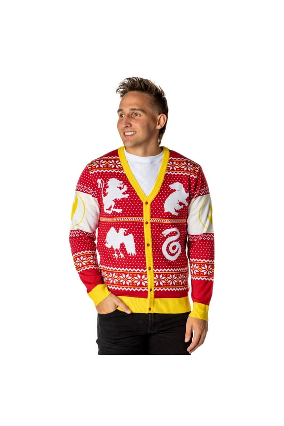 Harry Potter Men's Hogwarts Houses Ugly Christmas Sweater Knit Button-Up Cardigan