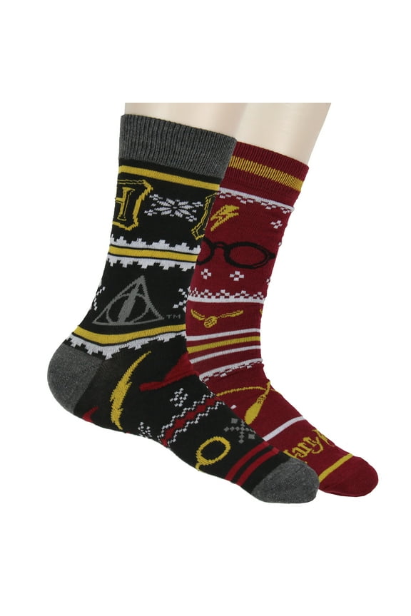 Harry Potter Men's Hogwarts and Quidditch Allover Designs 2 Pack Mid-Calf Adult Crew Socks
