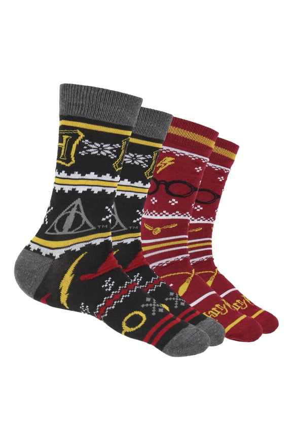 Harry Potter Men's Hogwarts and Quidditch Allover Designs 2 Pack Mid-Calf Adult Crew Socks