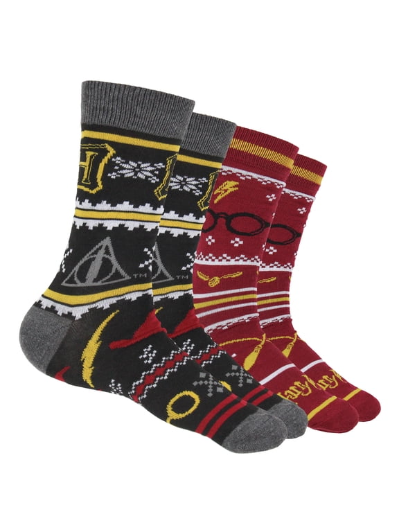Men's Hogwarts and Quidditch Allover Designs 2 Pack Mid-Calf Adult Crew Socks