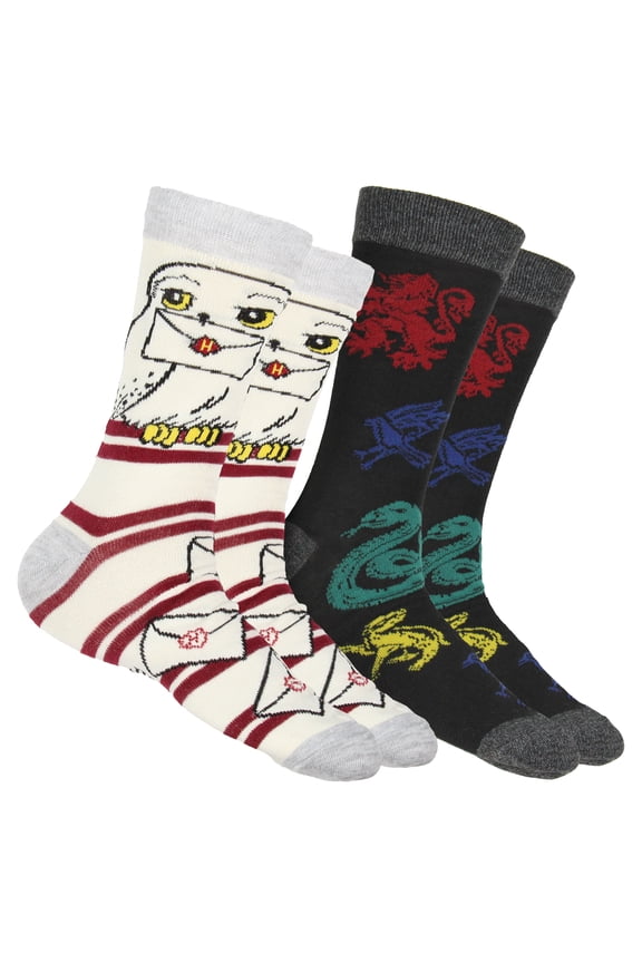 Harry Potter Men's House Mascot and Hedwig Designs 2 Pack Adult Mid-Calf Crew Socks