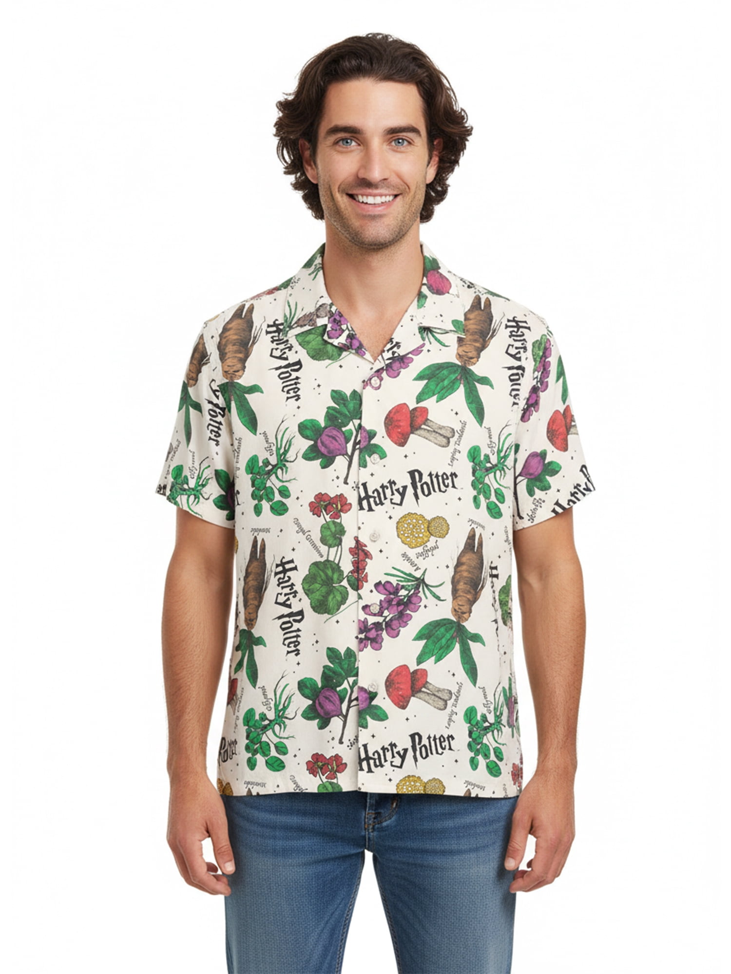Harry Potter Men’s Short Sleeve Button-Up Camp Shirt, Herb AOP, Sizes S–3XL