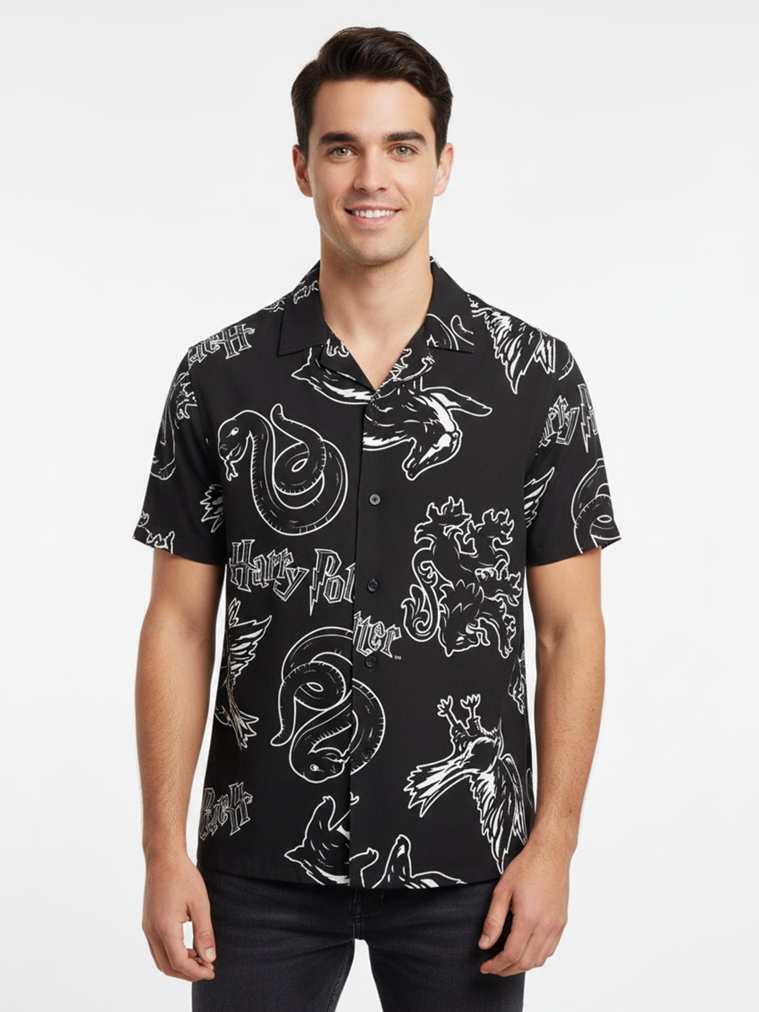 Harry Potter Men’s Short Sleeve Button-Up Camp Shirt, Line Work, Sizes S–3XL