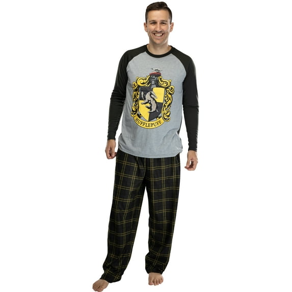 Harry Potter Mens' 2-Piece Hogwarts Plaid Raglan Long-Sleeve Pajama Pant Set - Gryffindor Slytherin Hufflepuff Ravenclaw