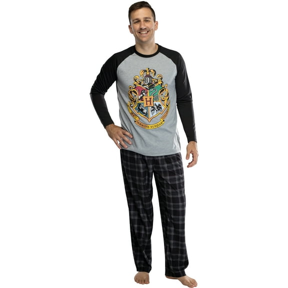 Harry Potter Mens' 2-Piece Hogwarts Plaid Raglan Long-Sleeve Pajama Pant Set - Gryffindor Slytherin Hufflepuff Ravenclaw