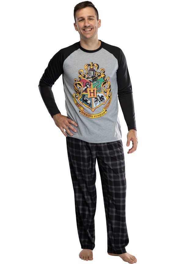 Harry Potter Mens' 2-Piece Hogwarts Plaid Raglan Long-Sleeve Pajama Pant Set - Gryffindor Slytherin Hufflepuff Ravenclaw