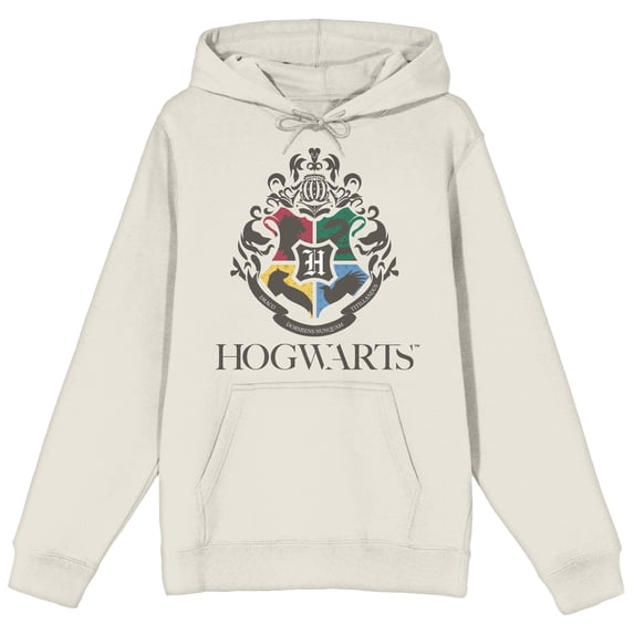 Harry Potter Minimal Hogwarts Crest Long Sleeve Natural Adult Hooded Sweatshirt-XL