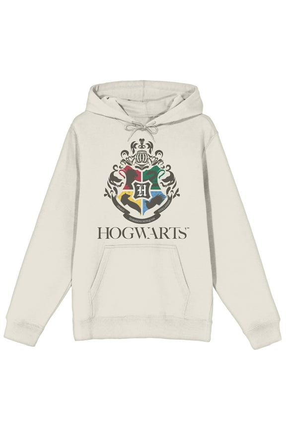 Harry Potter Minimal Hogwarts Crest Long Sleeve Natural Adult Hooded Sweatshirt-XXL
