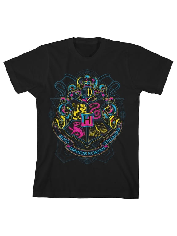 Harry Potter Neon Pink And Yellow Hogwarts Crest Toddler Boy's Black T-shirt-4T