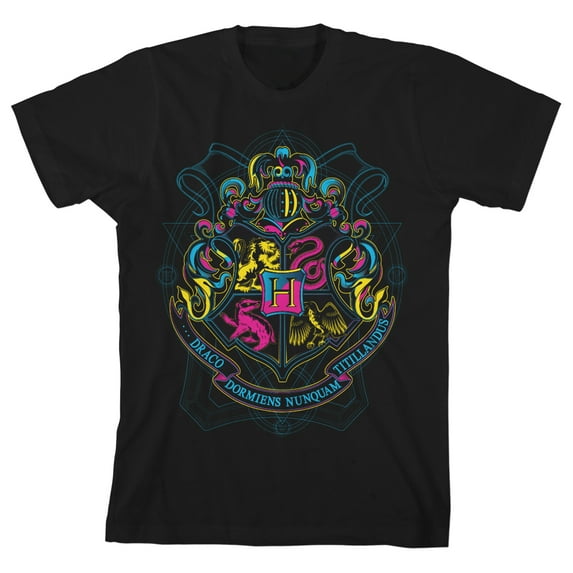 Harry Potter Neon Pink And Yellow Hogwarts Crest Youth Black T-shirt-Medium
