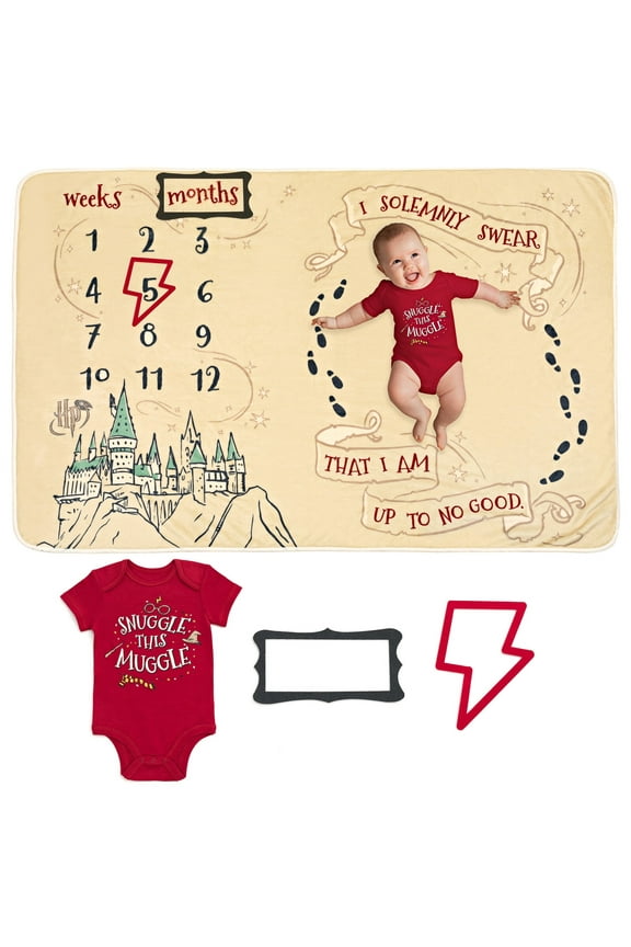 Newborn Baby Boys Bodysuit and Monthly Milestone Blanket 4 Piece Layette Set Newborn