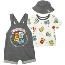 Harry Potter Newborn Baby Boys French Terry Short Overalls T-Shirt and Hat 3 Piece Outfit Set Newborn to Infant