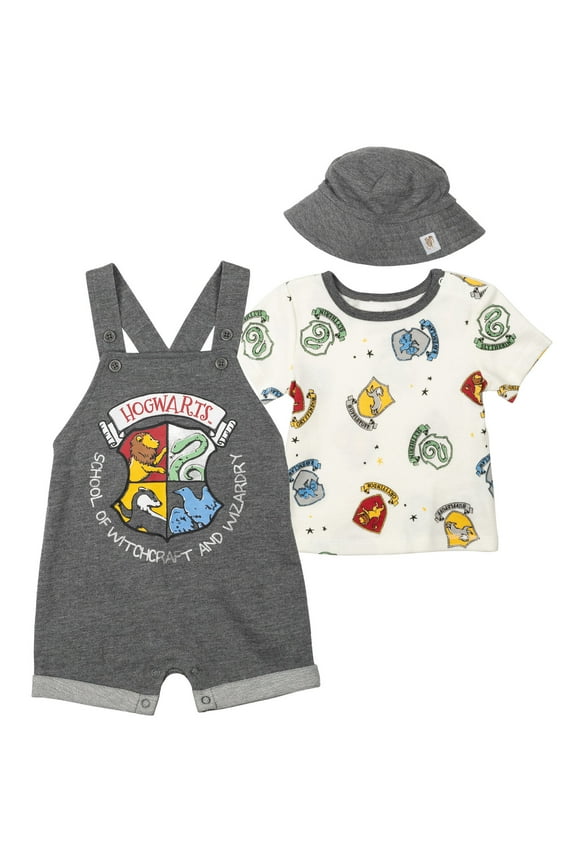 Newborn Baby Boys French Terry Short Overalls T-Shirt and Hat 3 Piece Outfit Set Newborn to Infant