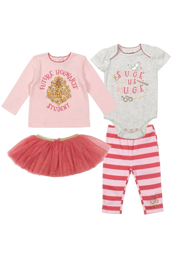 Newborn Baby Girls Bodysuit T-Shirt Mesh Skirt and Leggings 4 Piece Layette Set Newborn to Infant