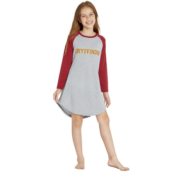 Harry Potter Nightgown Girls' Hogwarts House Long Sleeve Raglan Pajama - Gryffindor, Hufflepuff, Ravenclaw, Slytherin