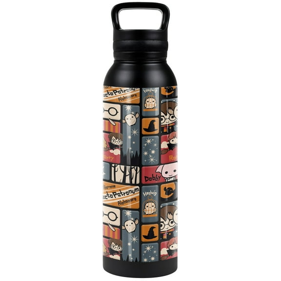 Harry Potter Official Cute Chibi Pattern 24 oz Insulated Canteen Water Bottle, Leak Resistant, Vacuum Insulated Stainless Steel with Loop Cap, Black
