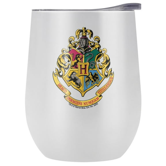 Harry Potter Official Hogwarts Crest 12 oz Stemless Tumbler, Stainless Steel Travel Cup|Lake Tumbler|Insulated with Leak Resistant Slide-Lock Lid, White