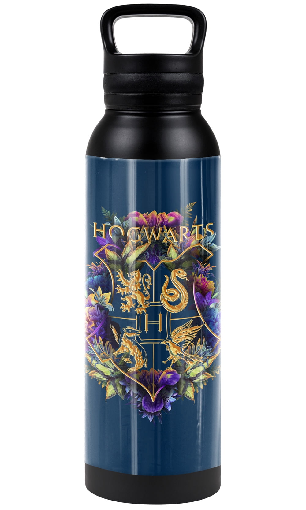 Harry Potter Official Hogwarts Multi-Colored Floral Crest 24 oz Insulated Canteen Water Bottle, Leak Resistant, Vacuum Insulated Stainless Steel with Loop Cap, Black