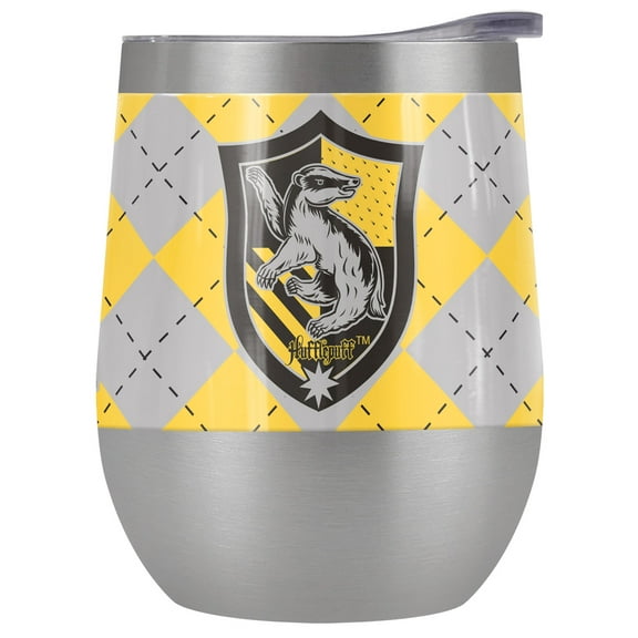 Harry Potter Official Hufflepuff Plaid Sigil 12 oz Stemless Tumbler, Stainless Steel Travel Cup|Lake Tumbler|Insulated with Leak Resistant Slide-Lock Lid, Stainless Steel
