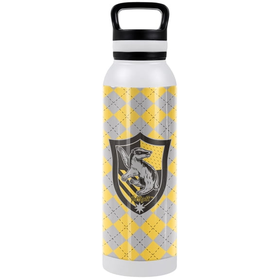 Harry Potter Official Hufflepuff Plaid Sigil 24 oz Insulated Canteen Water Bottle, Leak Resistant, Vacuum Insulated Stainless Steel with Loop Cap, White