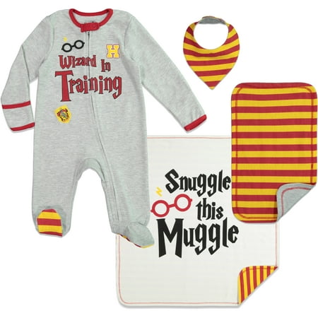 Harry Potter Outfit Set, Sleep N' Play Coverall Bib Blanket Burp Cloth, White, 0-6 Months, 4-Piece