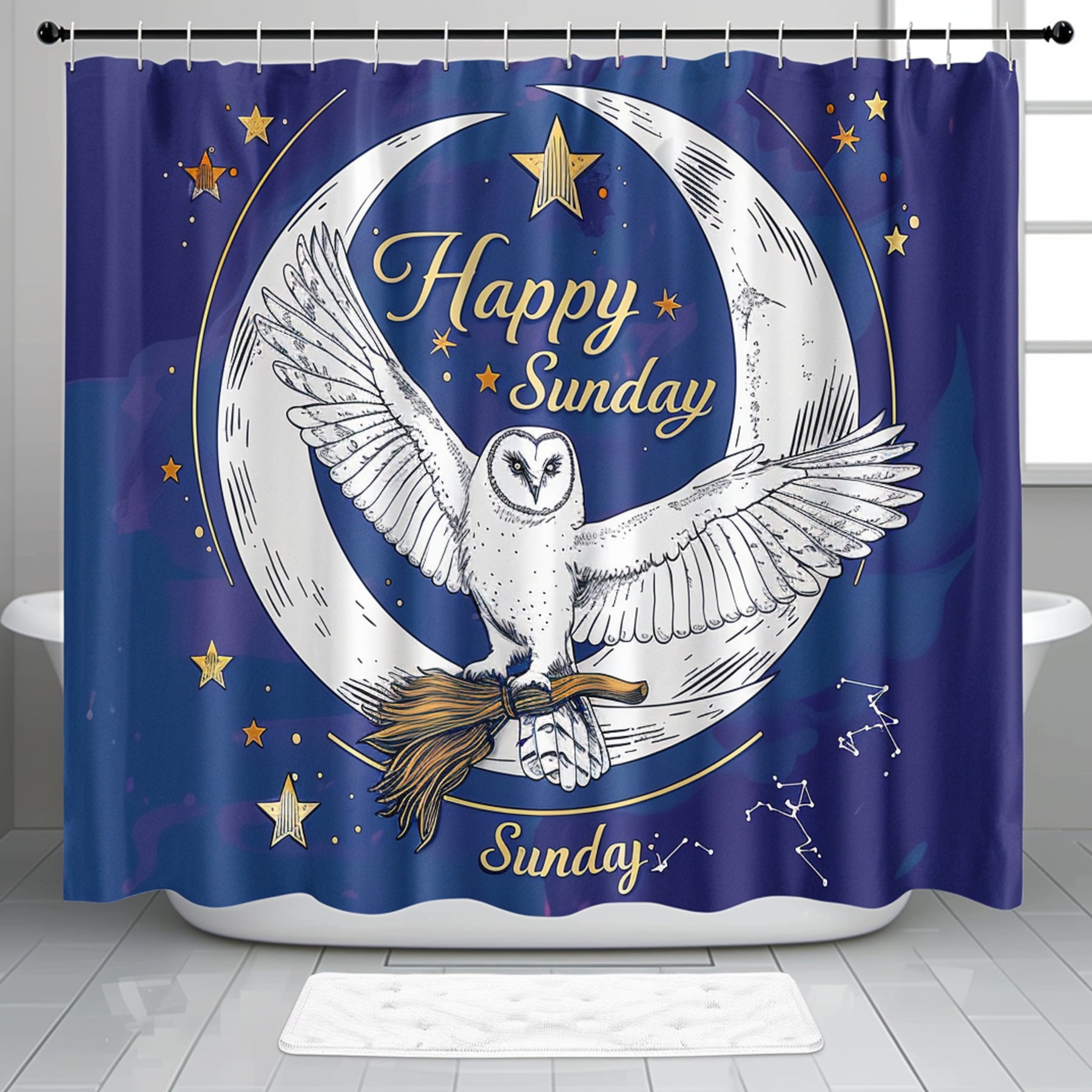 Harry Potter Owl and Broom Shower Curtain Hogwarts Logo Moon and Stars