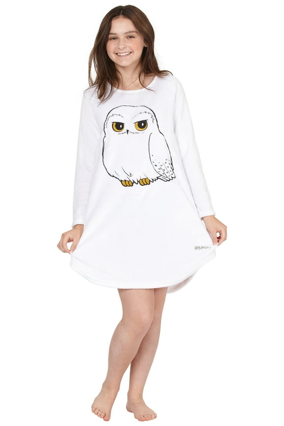 Harry Potter Pajama Girls' Hedwig Owl Micro Raschel Fleece Long-Sleeve Hi-Lo Hogwarts Nightgown