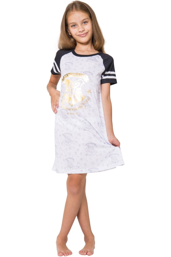 Harry Potter Girls' Pajama Sleep Dress Hogwarts Gold Crest Short Sleeve Jersey Raglan Nightgown
