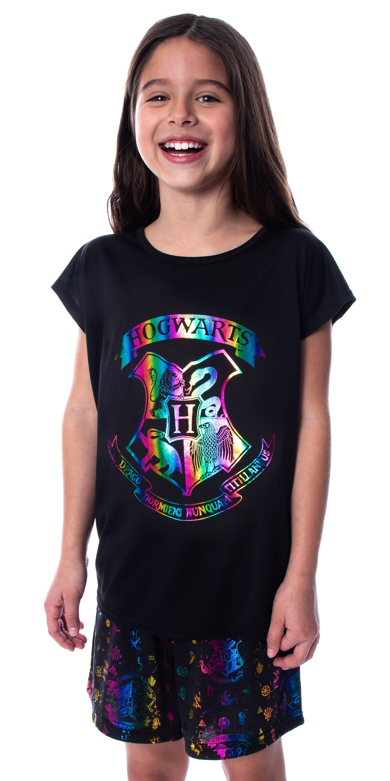 Harry Potter Pajamas Girls Hogwarts Rainbow Hologram Sleep Shirt Short Set Gryffindor, Hufflepuff, Slytherin, Ravenclaw