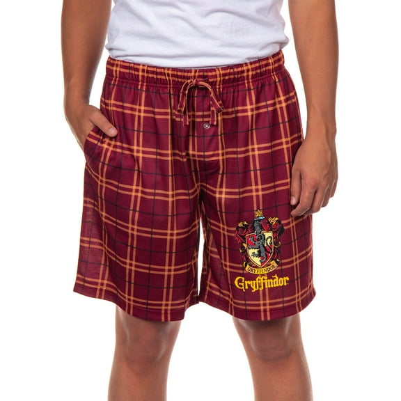 Harry Potter Pajamas Mens' Hogwarts Houses Crest Plaid Lounge Sleep Shorts - Gryffindor Hufflepuff Ravenclaw Slytherin