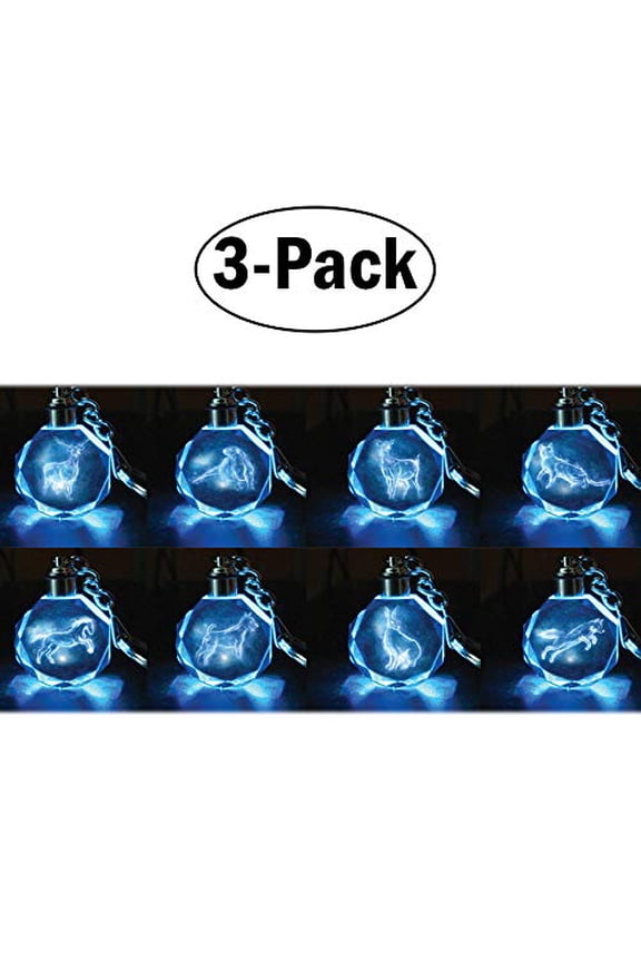 Patronus Collectible Key Chain Mystery Blind Bag, 3 Pack - Receive 3 of 8 Mystery Crystal Patronus Key Rings with LED Blue Light - Collect All 8 - Series 1