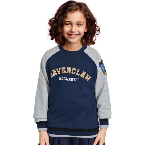 Harry Potter Ravenclaw Varsity Sweatshirt - Long Sleeve Raglan Pullover with House Crest, Blue and Gray Hogwarts School Spirit Top for Youth & Young Adults, Large