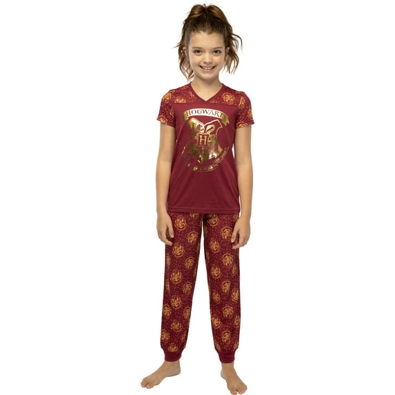 Harry Potter Girls' Hogwarts Castle Gold Foil Crest Short-Sleeve Shirt Jogger Pant Lounge 2-Piece Pajama Set Sleepwear