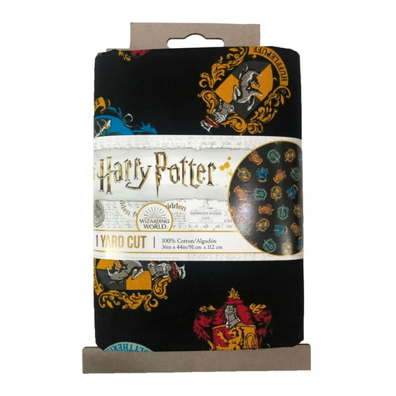 Harry Potter School Crest 1 Yard 100% Cotton Fabric Cut in Black, Official Licensed Harry Potter Fabric by Eugene Textiles