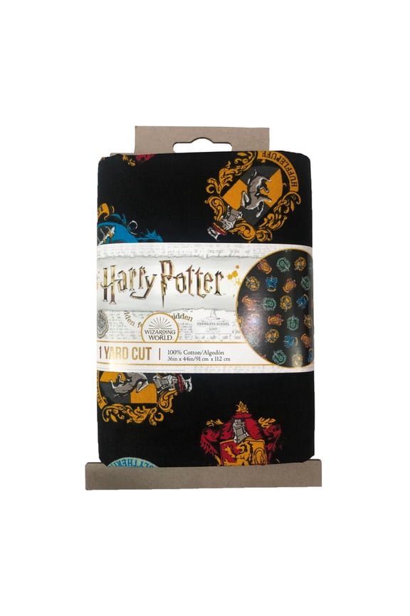 School Crest 1 Yard 100% Cotton Fabric Cut in Black, Official Licensed Harry Potter Fabric by Eugene Textiles