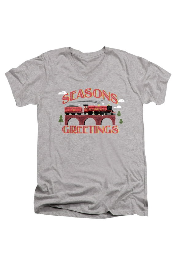Seasons Greetings Christmas Hogwarts Express Unisex Adult V-Neck T Shirt (Large) Athletic Heather