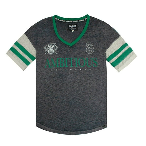 Harry Potter Slytherin 'Ambitious' Striped Sleeve Juniors' V-neck T-Shirt-Large