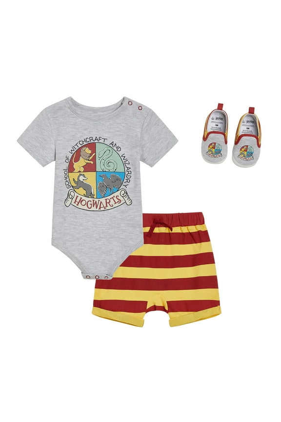 Slytherin Ravenclaw Hufflepuff Bodysuit, Shorts and Shoes 3 Piece Outfit Set Logo Newborn to Infant