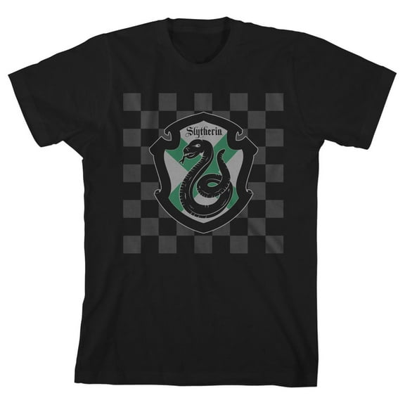 Harry Potter Slytherin Shield on Checkered Background Boy's Black T-shirt-L
