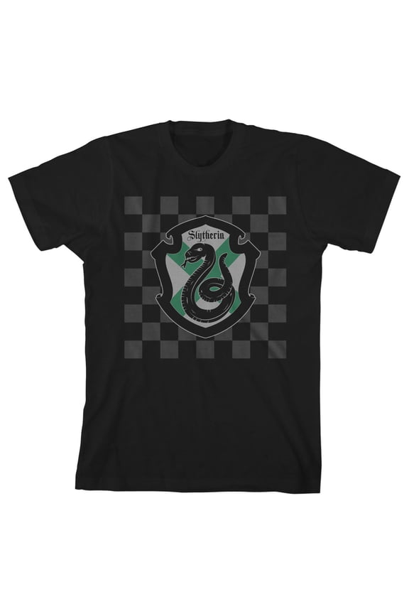 Harry Potter Slytherin Shield on Checkered Background Toddler Boy's Black T-shirt-4T