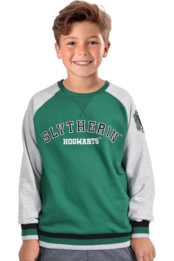 Harry Potter Slytherin Varsity Sweatshirt - Long Sleeve Raglan Pullover with House Crest, Green and Gray Hogwarts School Spirit Top for Youth & Young Adults, Large
