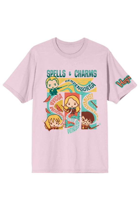 Harry Potter Spells and Charms Chibi-Style Art Women's Pink Short Sleeve Crew Neck Tee-XXL