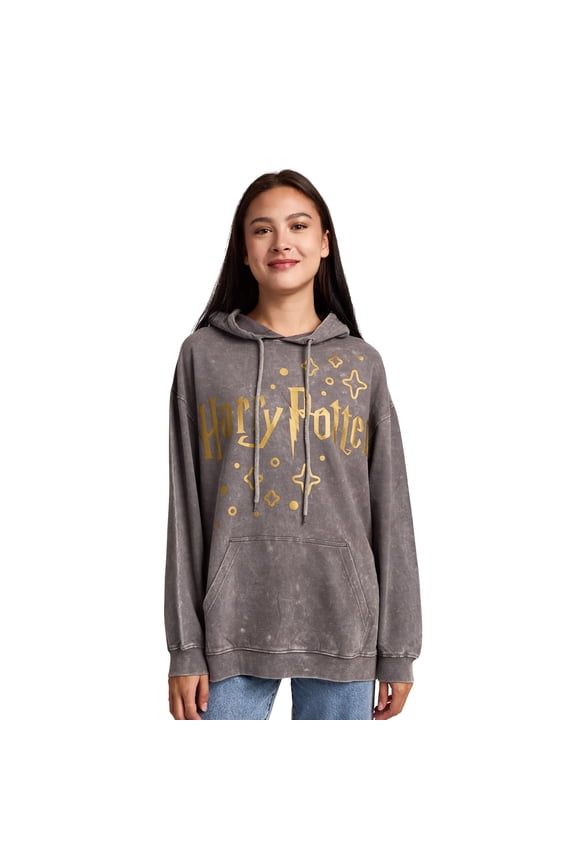 Harry Potter Stars & Hogwarts Crest Women's Gray Mineral Wash Long Sleeve Fleece Hooded Sweatshirt-XL