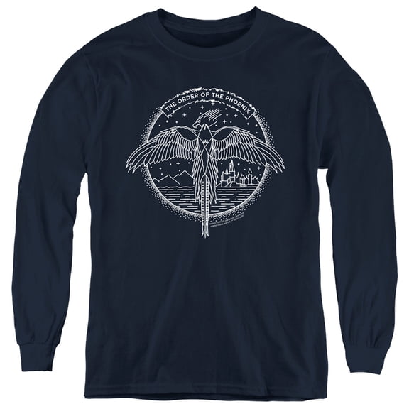 Harry Potter The Order Of The Phoenix Circle Line Art Kids Long Sleeve T Shirt (Large) for Youth Boys and Girls, Navy
