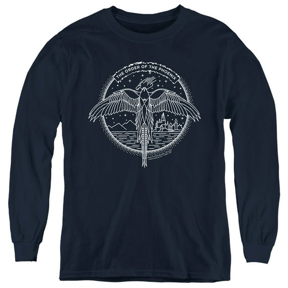 Harry Potter The Order Of The Phoenix Circle Line Art Kids Long Sleeve T Shirt (Small) for Youth Boys and Girls, Navy