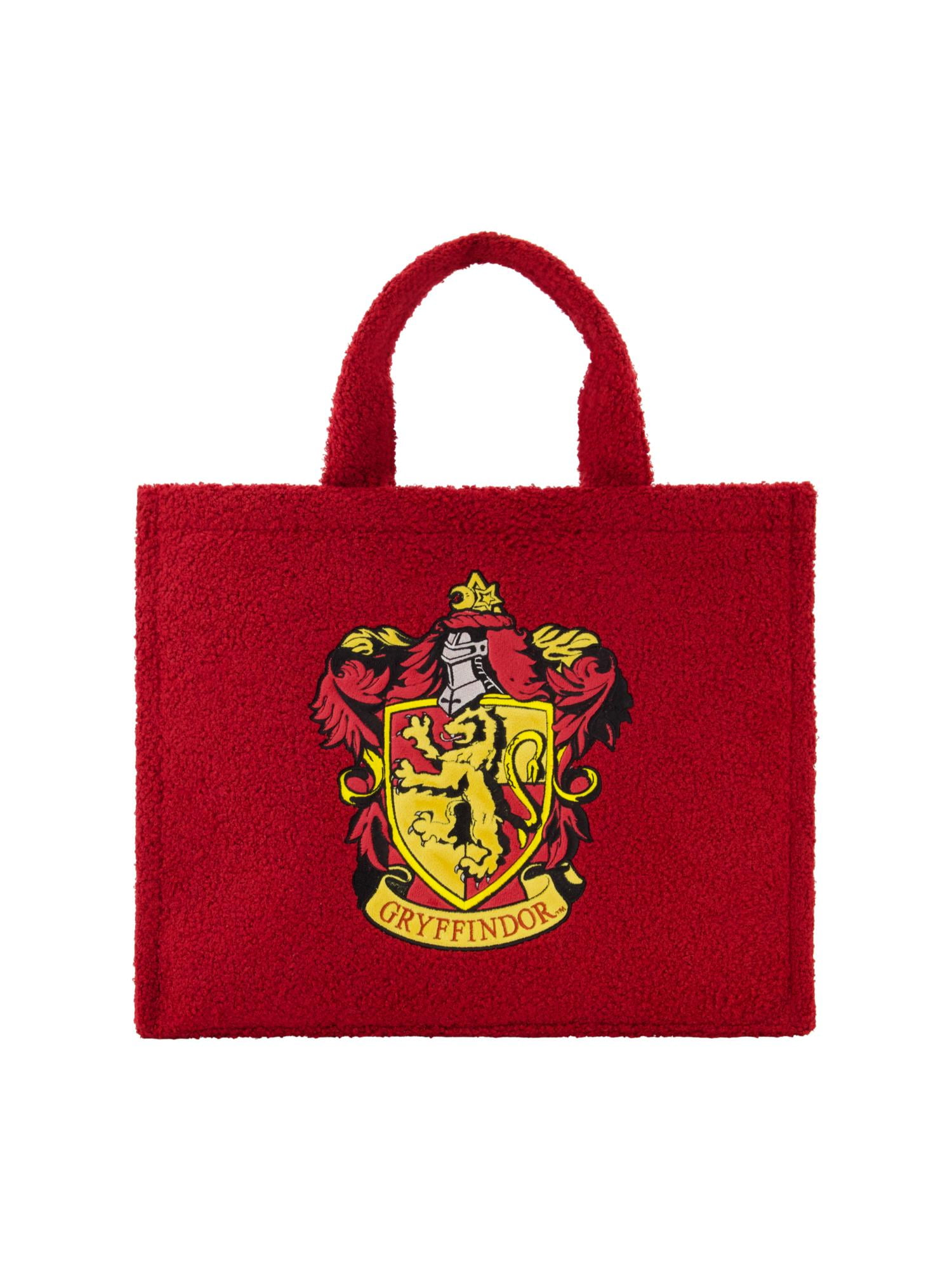 Harry Potter Tote Bag, Gryffindor Crest Faux Fur Travel Handbag with Adjustable Shoulder Strap and Trolley Sleeve, Red