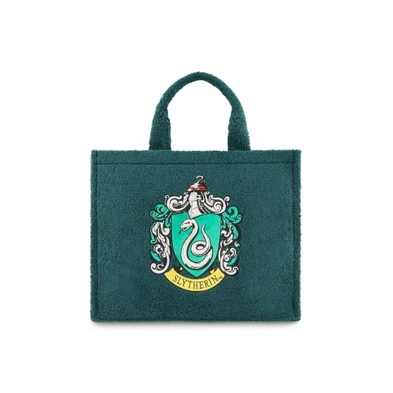 Harry Potter Tote Bag, Slytherin Crest Faux Fur Travel Handbag with Adjustable Shoulder Strap and Trolley Sleeve, Green